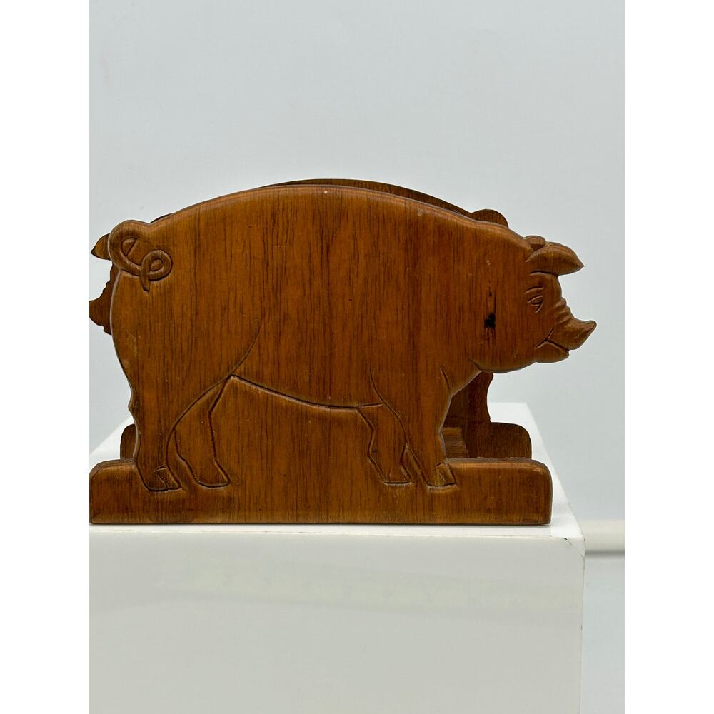 Vintage Wood Hand Carved Pig Napkin Holder Farmhouse decor